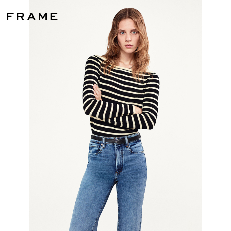 FRAME女士方领针织黑白条纹毛衣打底上衣基础