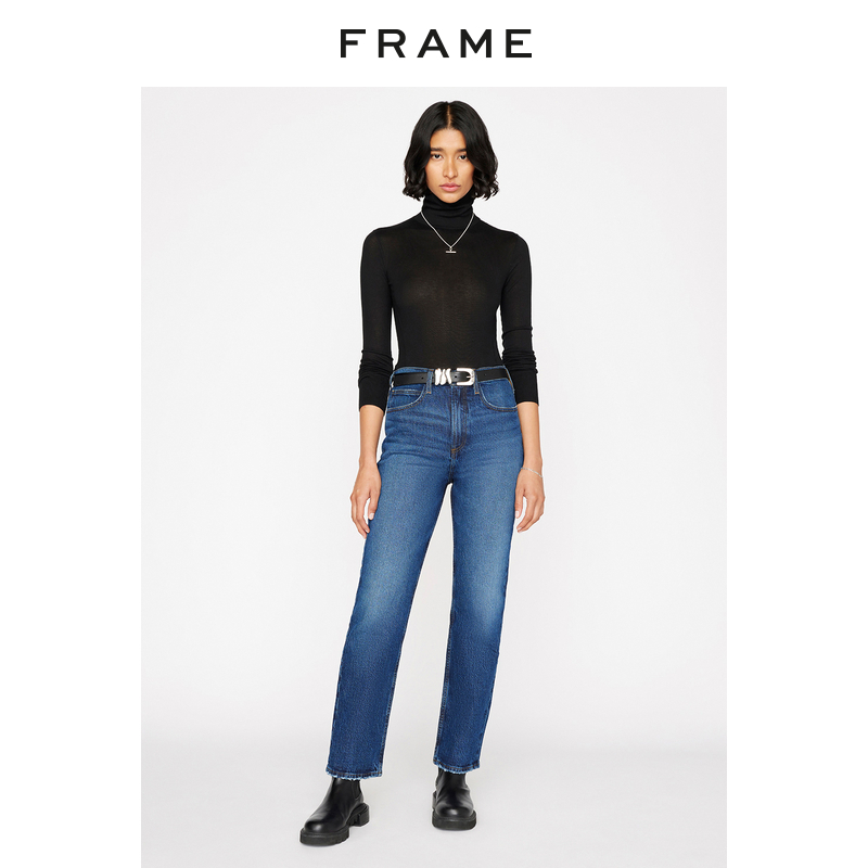 FRAME女高腰直筒牛仔裤微弹