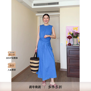 FRAME女士纯色褶皱收腰无袖 长裙简约 连衣裙法式