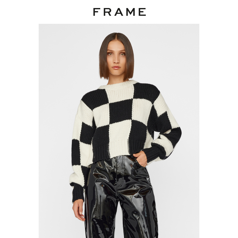 新品圆领宽松格子毛衣圆领