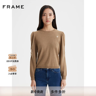 FRAME女士新年款 驼色刺绣套头山羊绒内搭混纺毛衣