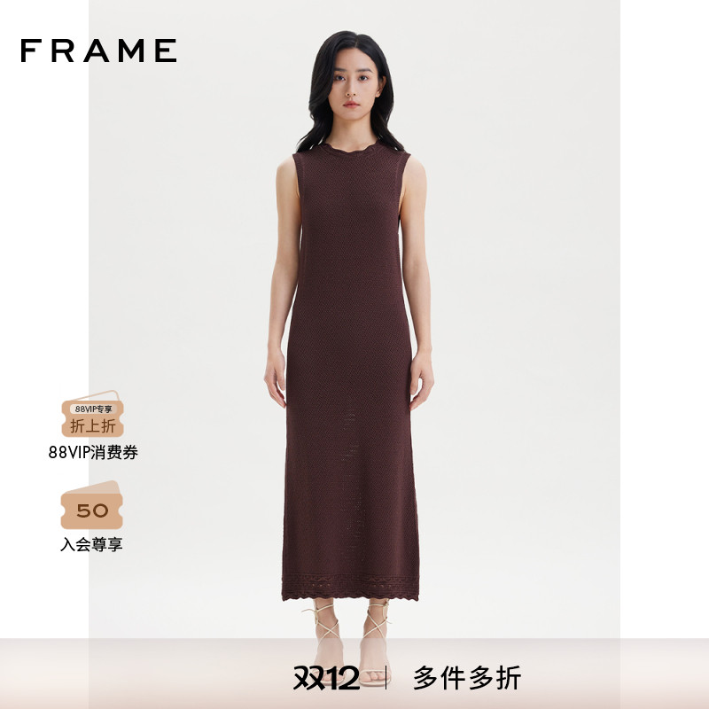 FRAME女士无袖圆领花边连衣裙巧克力棕针织长裙