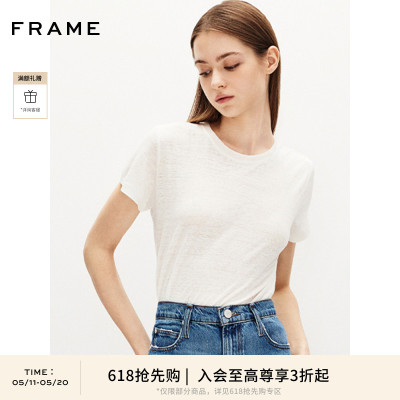 【618抢先购】FRAME女士白色亚麻正肩基础款短袖T恤打底