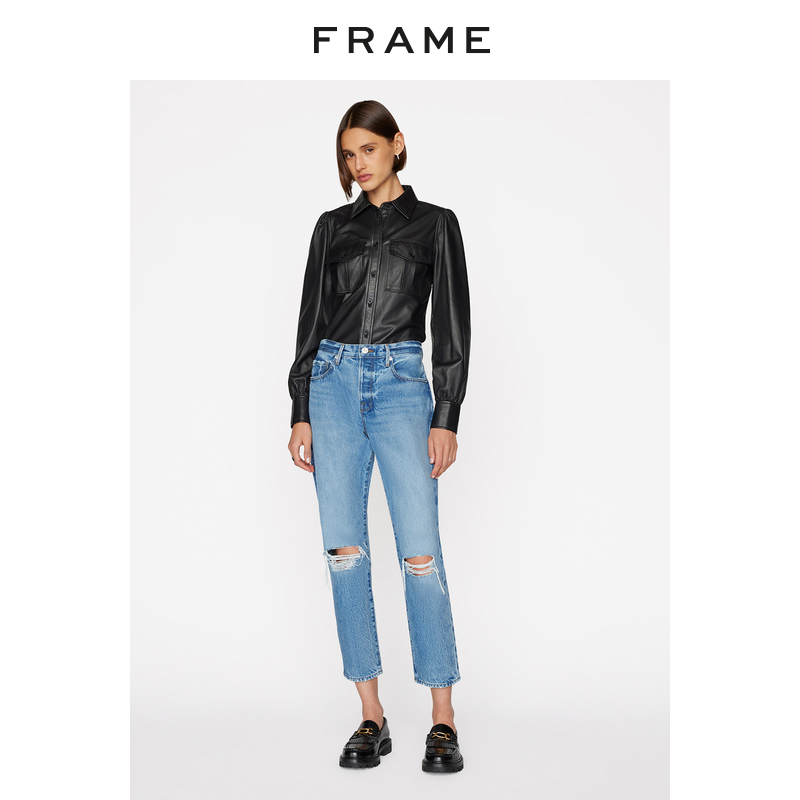 FRAME女高腰直筒破洞牛仔破洞