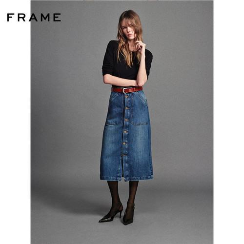 FRAME女士前开叉纽扣半身牛仔裙中长款美式复古