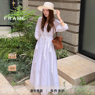 抽褶收腰长裙度假风连衣裙 FRAME女士白色V领短袖 博主同款
