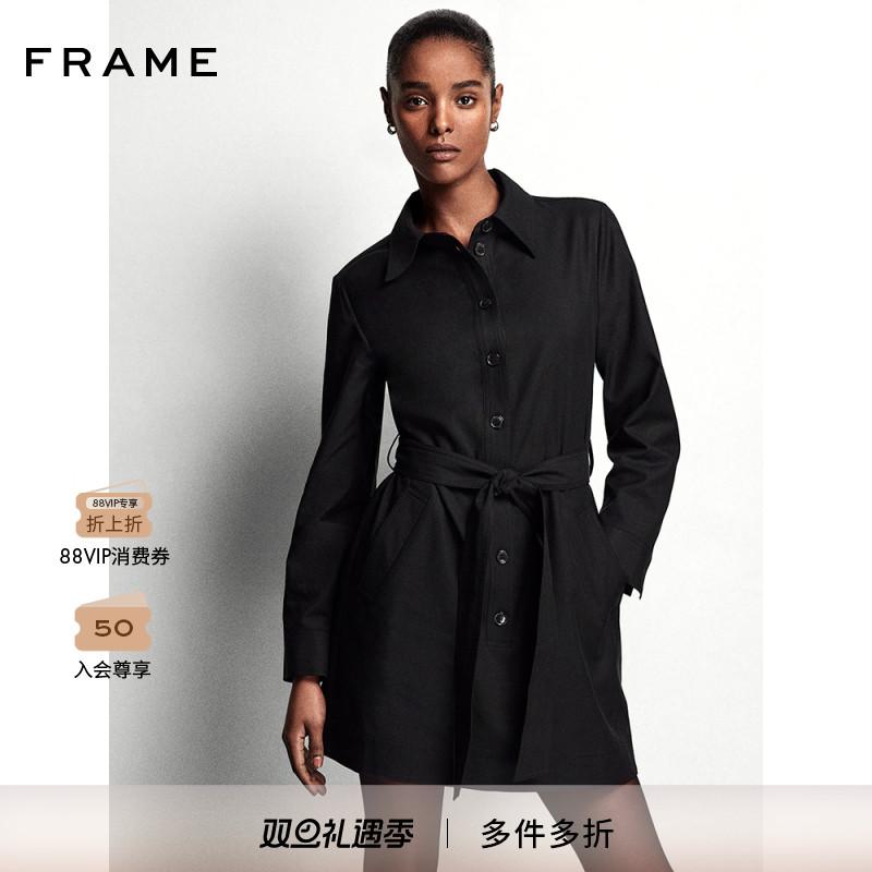 FRAME女士黑色中长连衣衬衫裙翻领收腰基础通勤