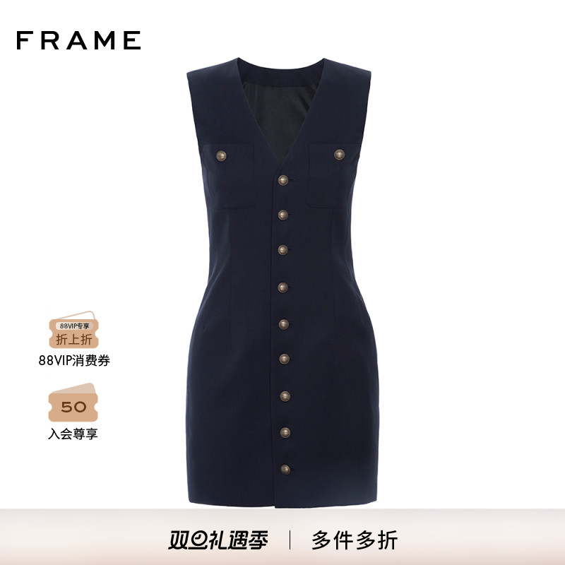 FRAME女士纽扣设计V领无袖海军蓝连衣裙短裙