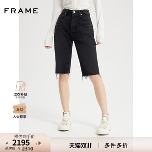 FRAME女士黑色高腰五分骑行裤 毛边复古 牛仔裤
