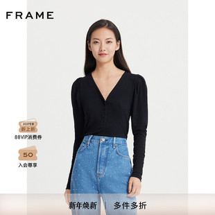 FRAME女士罗纹褶袖 优雅 深V纽扣领柔针织衫