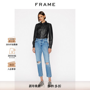FRAME女高腰直筒破洞洗水牛仔裤 休闲复古 女装