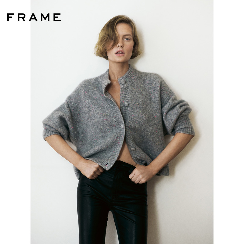 【2025秋冬新款】FRAME女士宽松百搭灰色圆领针织开衫毛衣上衣