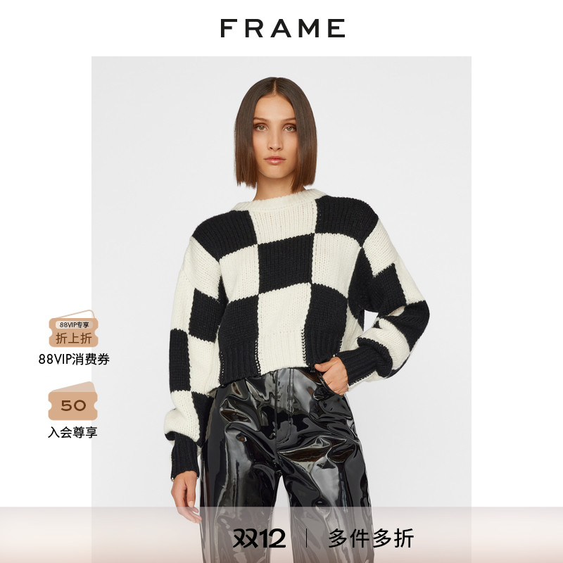 新品圆领宽松格子毛衣圆领