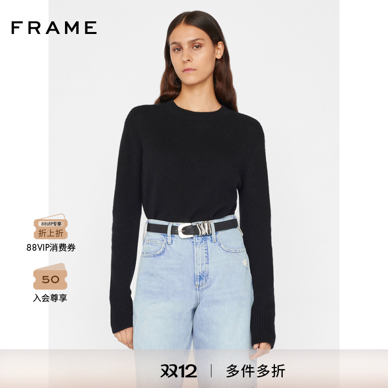 FRAME女士黑色圆领套头针织毛衣上衣打底经典