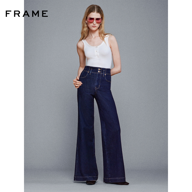 【2025新款】FRAME女士高腰双腰头宽松阔腿牛仔裤长裤