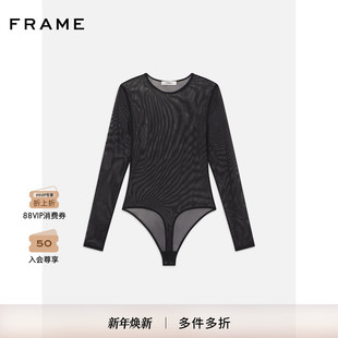 T恤上衣 修身 FRAME女士黑色长袖 网纱连体打底衫