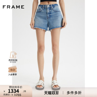 毛边剪裁休闲 FRAME女士浅蓝色高腰牛仔短裤 新款