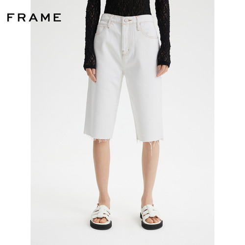 FRAME女士白色高腰直筒五分牛仔裤毛边剪裁时尚