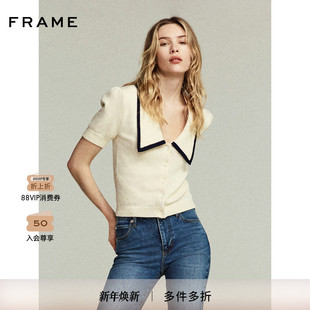 领针织开衫 FRAME女士娃娃领海军风短袖 上衣 2025新款