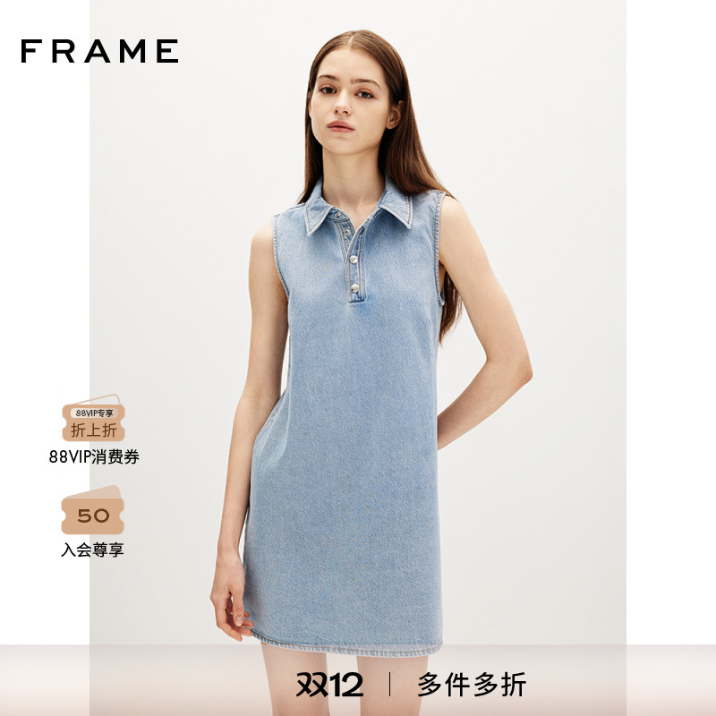 【2025新款】FRAME女士翻领无袖背心裙H型连衣裙短裙简约休闲