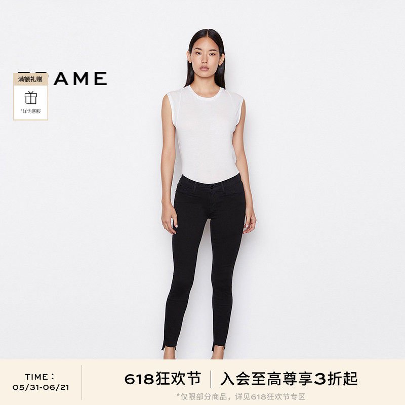 FRAME女士春秋黑白中腰高弹紧身牛仔裤裤脚毛边