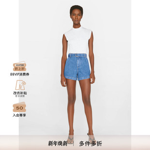 美式 FRAME女士蓝色A字复古时尚 高腰系带牛仔短裤