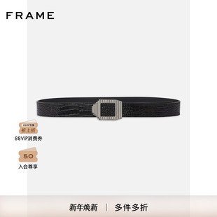 FRAME女士配饰黑色细长款 方扣牛皮革复古腰带