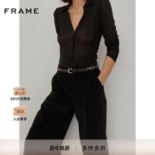 FRAME配饰金色双锁黑色牛皮革腰带细长款