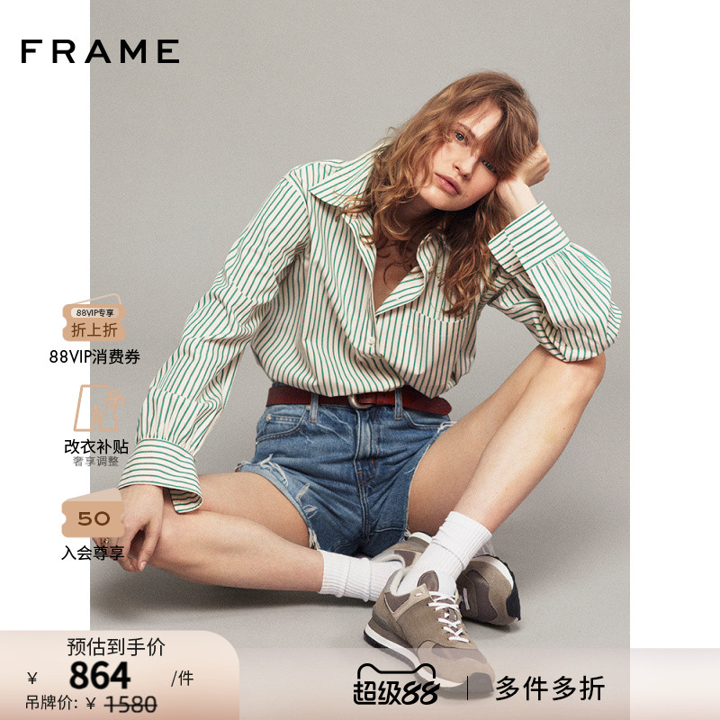 【新款】FRAME女士高腰浅蓝水洗牛仔短裤毛边剪裁美式复古