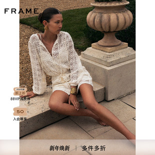FRAME女士米色V领流苏中长款 田园 收腰连衣裙法式
