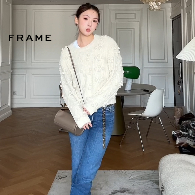 FRAME女士米色圆领套头羊驼毛混纺毛衣球形装饰