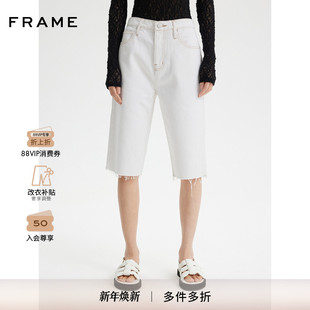 FRAME女士白色高腰直筒五分牛仔裤 毛边剪裁时尚