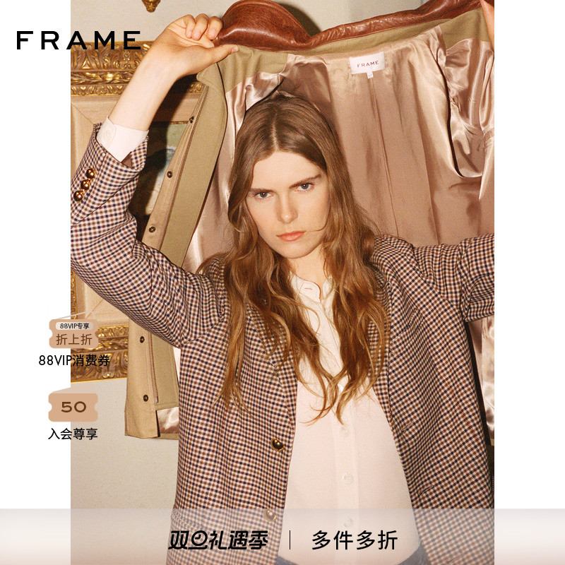 【2025秋季新款】FRAME女士简约金属纽扣时尚复古格纹西装上衣