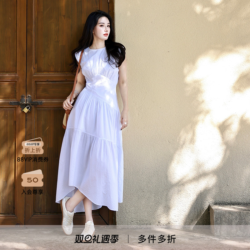 【博主同款】FRAME女士无袖度假风淡蓝色A字连衣裙长裙 新品