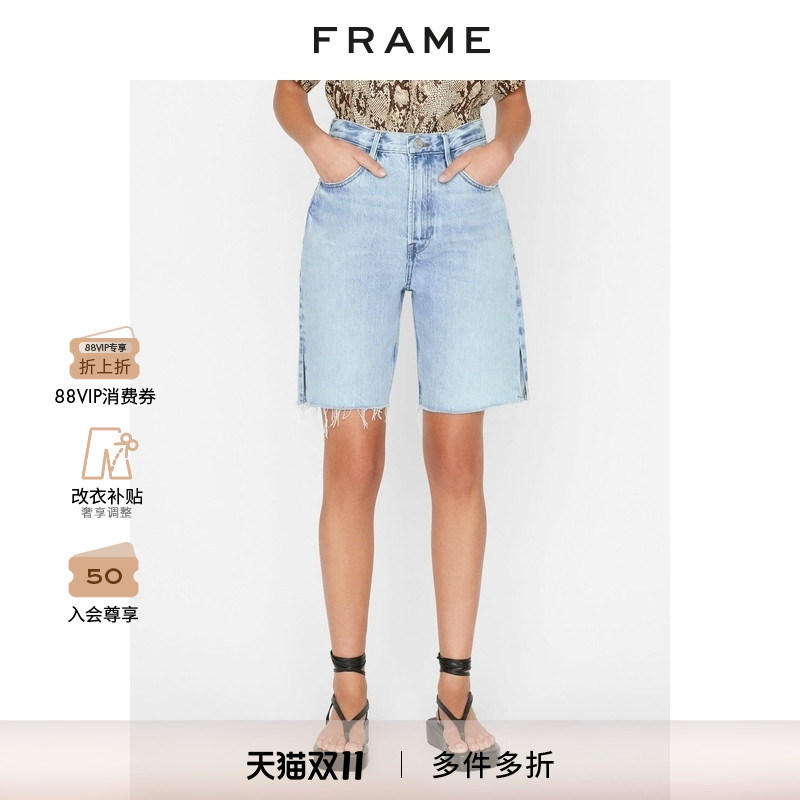 FRAME高腰直筒牛仔短裤女式百慕大短裤春秋款女装
