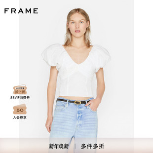 剪裁上衣短袖 FRAME女士白色灯笼袖 褶皱上衣修身