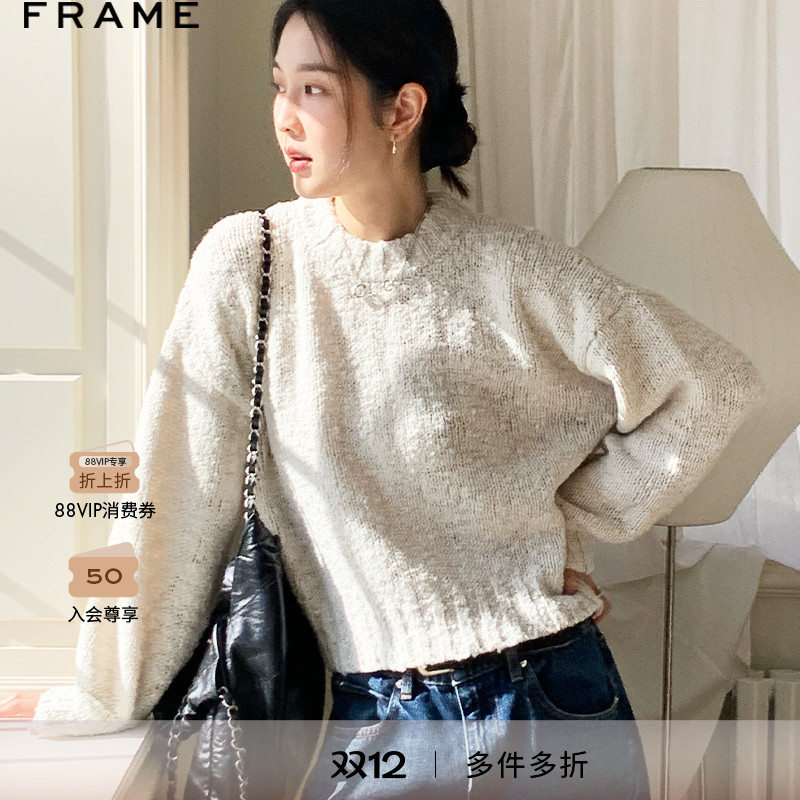 【博主同款】FRAME女士白色圆领套头针织毛衣上衣宽松简约