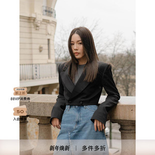 设计感 外套 FRAME女士黑色短款 垫肩西装