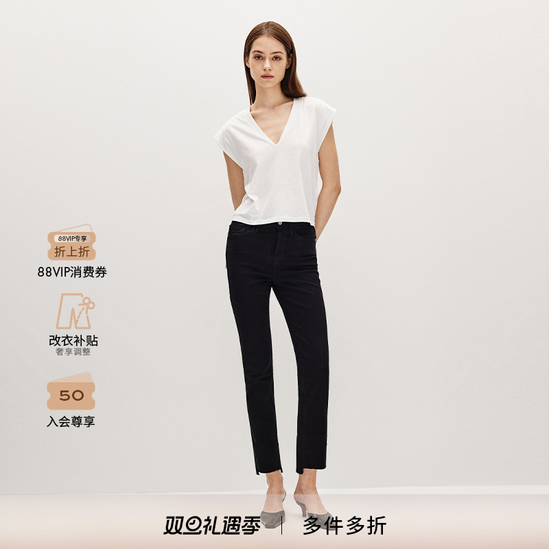 FRAME女士经典高腰高弹直筒不规则裤脚牛仔裤 LHSTRS403FLMN