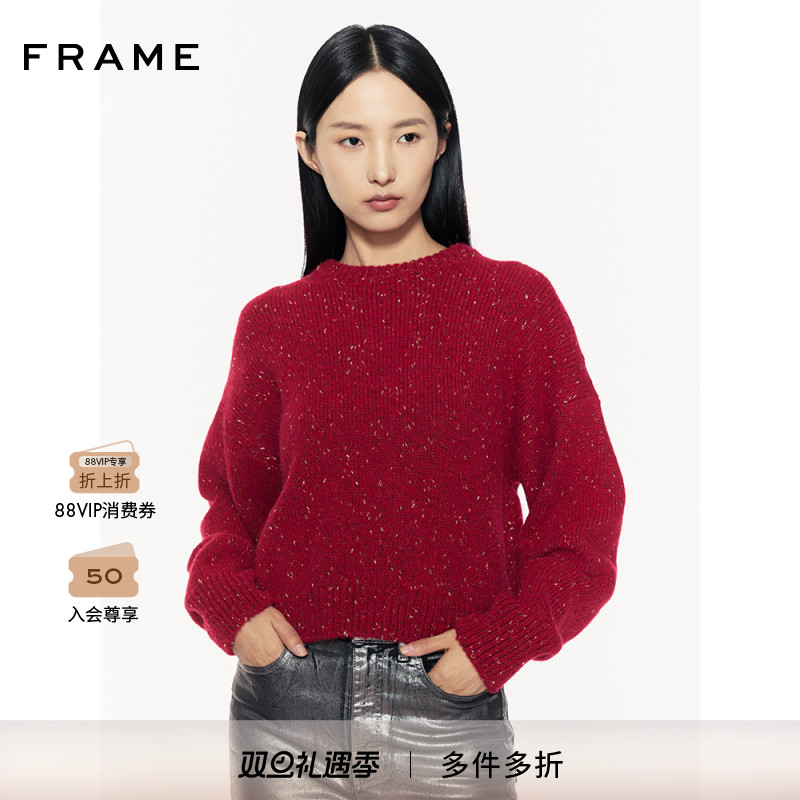 FRAME女士红色圆领套头宽松毛衣上衣 基础款