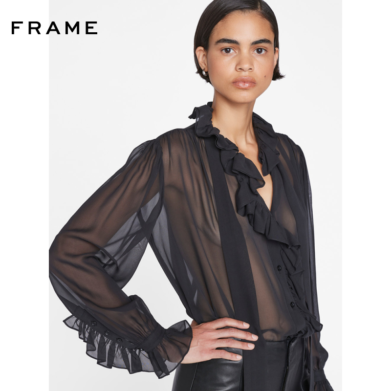 FRAME女士法式桑蚕丝领结长袖衬衫 领口飘带褶边上衣