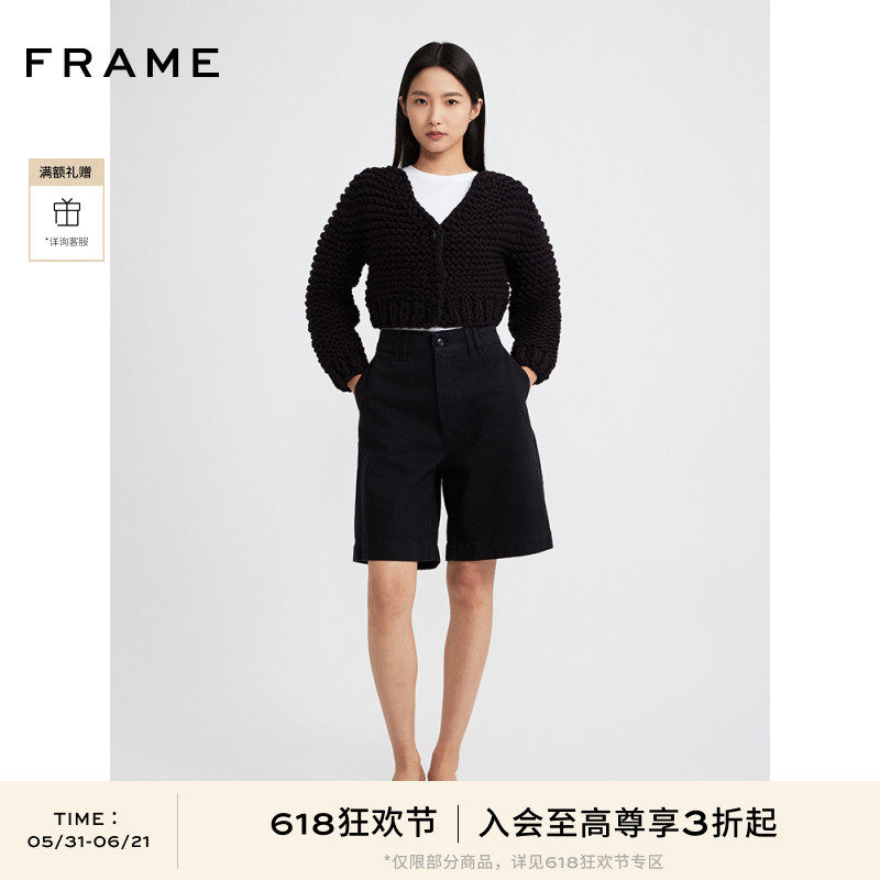 【春夏款】FRAME女士黑色宽松阔腿休闲短款半裤