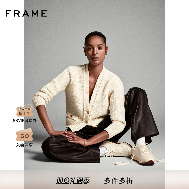 FRAME女士奶白色纽扣短款毛衣外套针织开衫叠穿