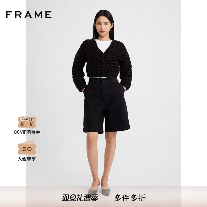 【2025新款】FRAME女士黑色宽松阔腿休闲短款半裤
