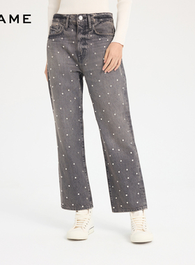 FRAME女士高腰直筒灰色牛仔裤挺括有形仿钻装饰