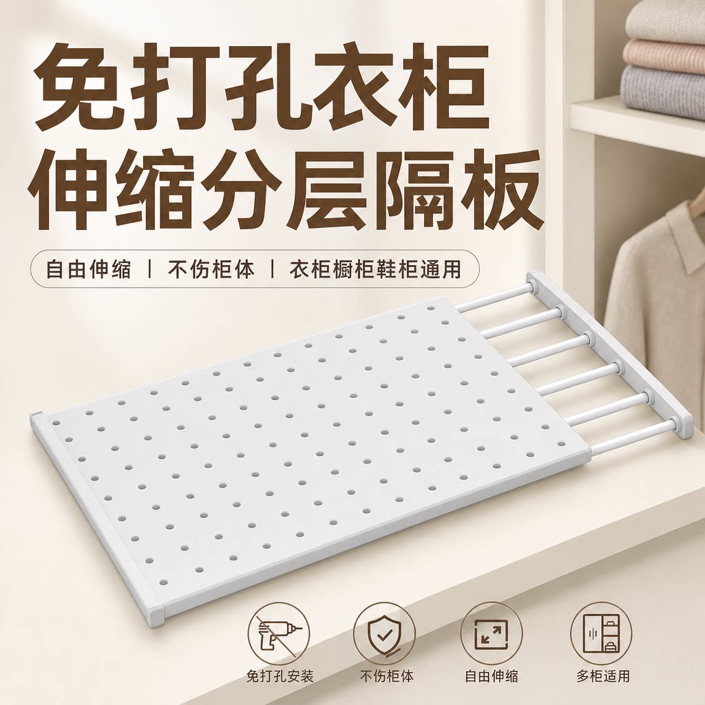 衣柜隔板分层免打孔橱柜隔层置物