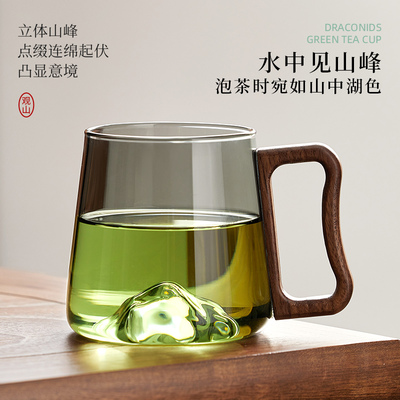 水杯玻璃杯带把手泡茶杯子加厚耐高温木把绿茶杯专用男士家用水杯