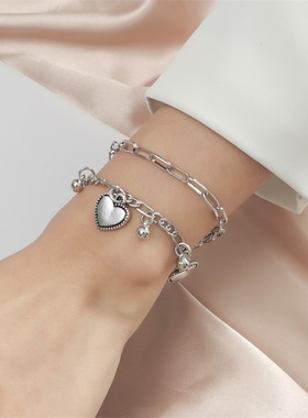 欧美简约时尚双层爱心手链ins多层爱心吊坠手链叠戴心形手链