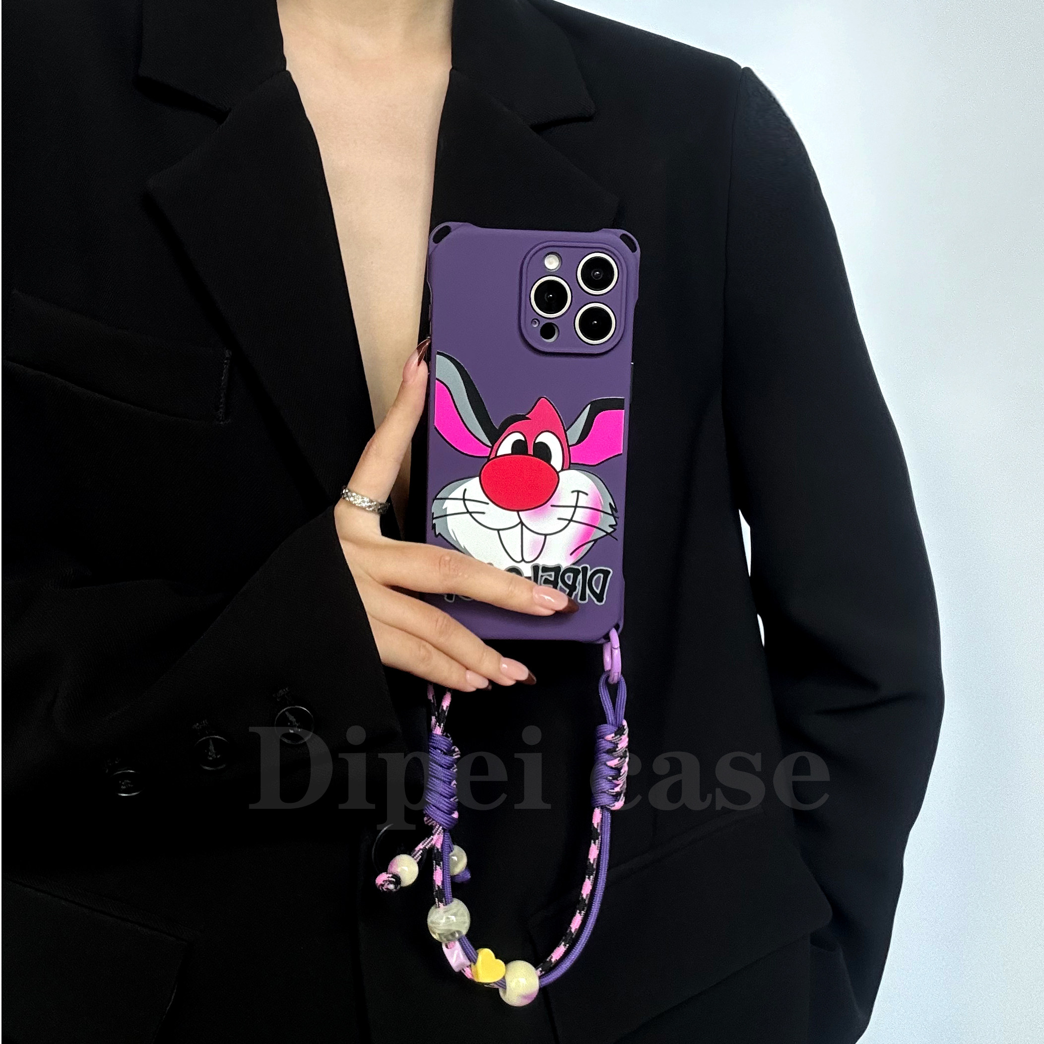 可爱兔兔~适用于苹果17promax四角开孔手机壳斜挎挂绳小米i