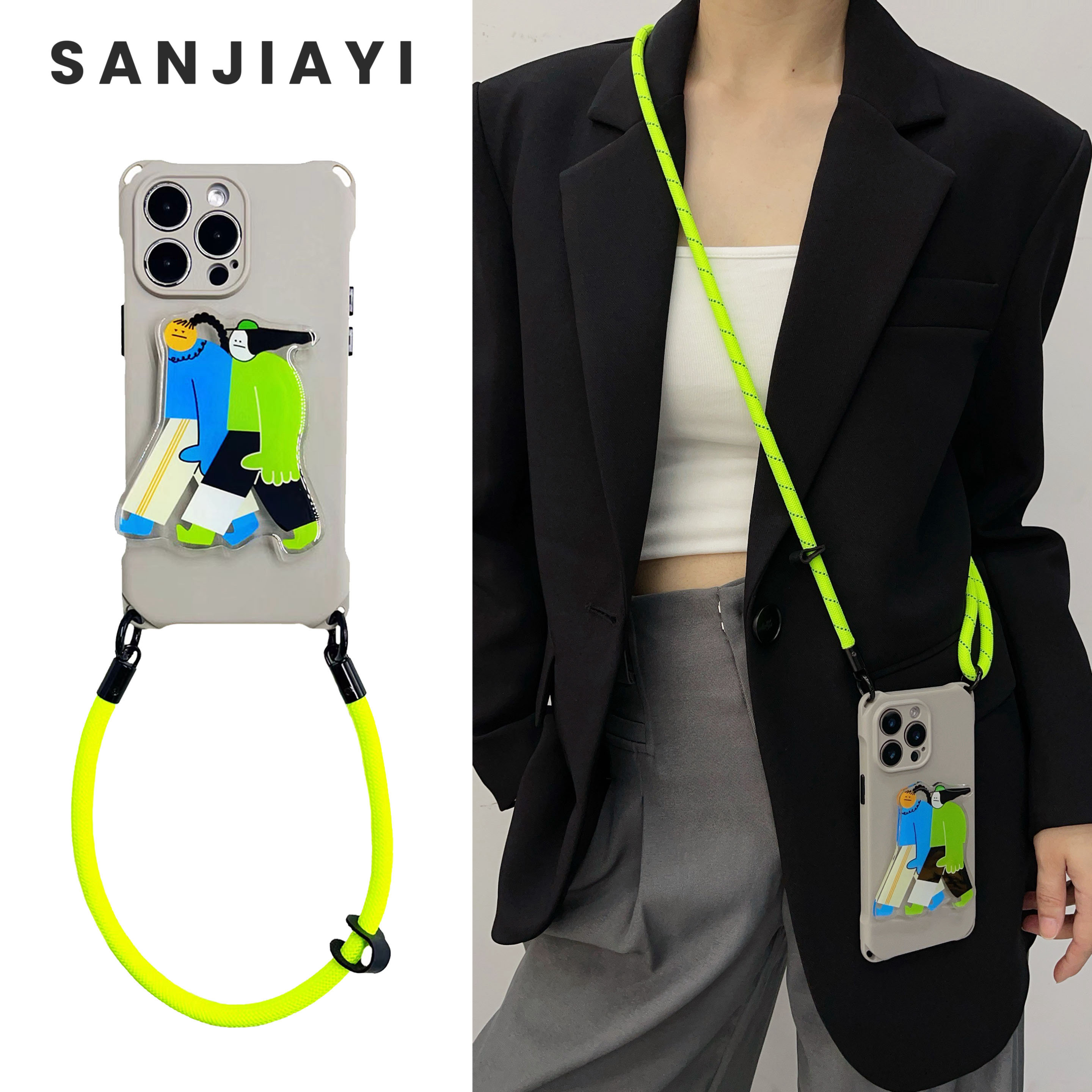 小众个性两人行支架手机壳16promax手腕适用荣耀小米14华为Pura70苹果iPhone15挂绳13斜挎mate60防摔vivoX100